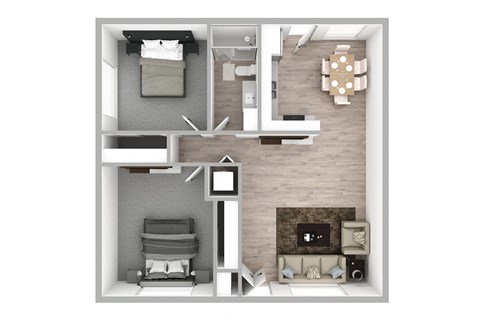 A top-down view of a small apartment with a bedroom, living room, and kitchen.